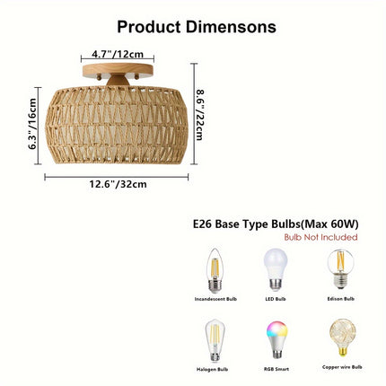1pc Bohemian Rattan Semi-Flush Mount Ceiling Light Fixture For Farmhouse Decor