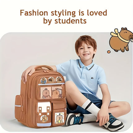Brown Nylon Backpack with Adjustable Shoulder Straps, Zipper Closure, and Cute Cartoon Design,