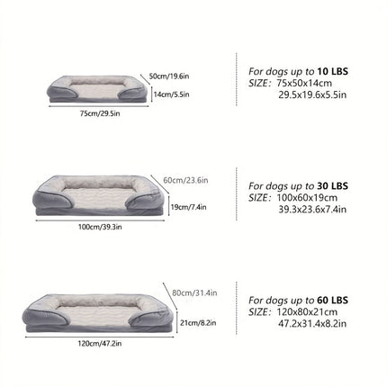 Orthopedic Dog Sofa Bed, Rectangle Elevated Pet Couch with Armrests, Washable Polyester Cover, Polyurethane Foam Filling, with Detachable Bolster for Extra Small to Large Breeds, Comfortable & Warm Pet Sleeping Pad