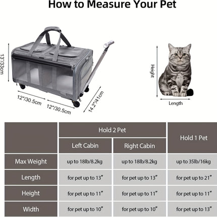 Double Compartment Detachable Travel Carrier for 2 Cats & Puppies - Spacious Pet Trolley with Ventilated Mesh & Removable Lining, Durable Wheels & Ergonomic Handle for Airplane Travel, Vet Visits, Road Trips