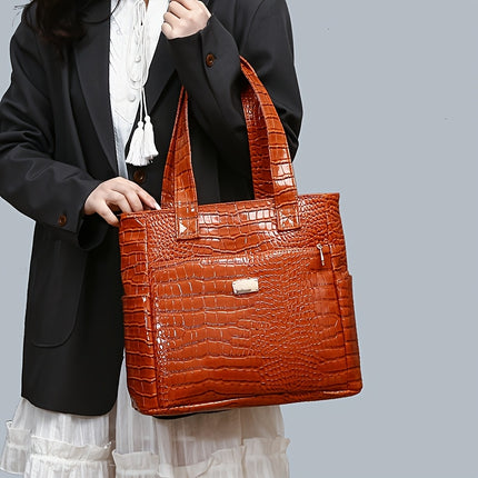 Crocodile Pattern Handbag - Large Capacity, Multi-Pocket Shoulder Handbag with Zipper Closure