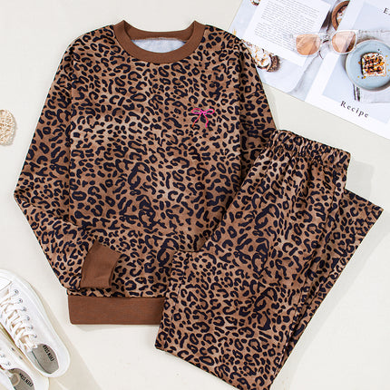 Coffee Leopard Print Contrast Trim Long Sleeve Top and Pants Set