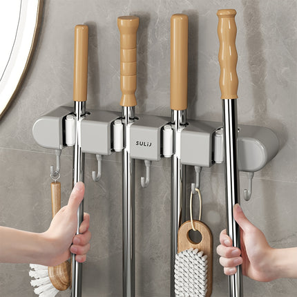 Mop Holder with Hooks - Heavy-Duty ABS Plastic Broom Organizer for Bathroom, Kitchen, Closet