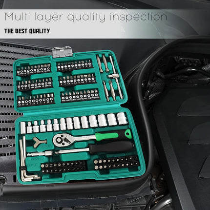 130pcs Tool Set Tool Box, 1/4 Inch Drive Socket Ratchet Wrench Set with Drill Bit Socket Set Metric