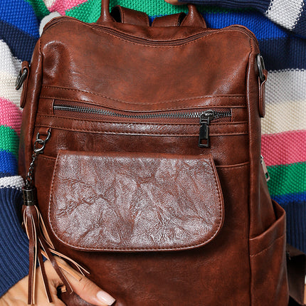 Dark Brown Tassel Decor Retro PU Large Capacity Backpack