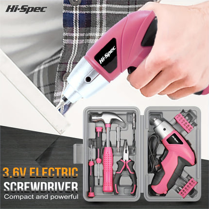 Hi-Spec Pink 3.6v Electric Screwdriver + Hand Tool Set Compact Handheld, Includes Hammer, Pliers,