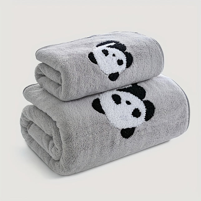 2pcs Soft and Absorbent Panda Hand Towel and Bath Towel Set