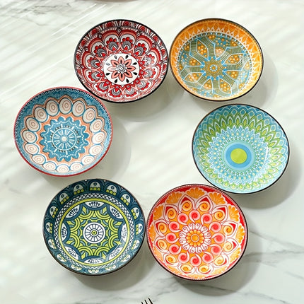 12pcs Bohemian Style Dinnerware Set, Colorful Hand-Painted Underglaze, 5.7-Inch Ceramic Plates,