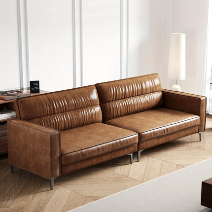 Mid-Century 3-Seater Waxed Leather Sofa with Removable Backrest And Cushions