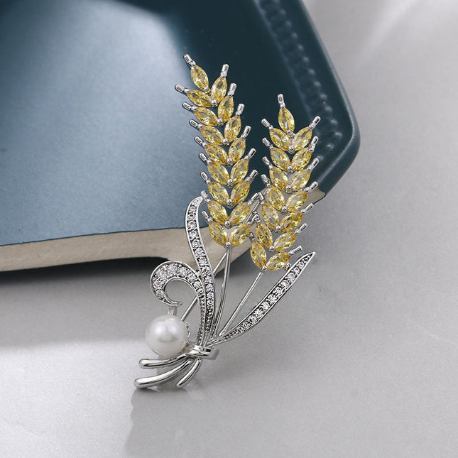 Copper White Gold White Zircon Wheat Brooch