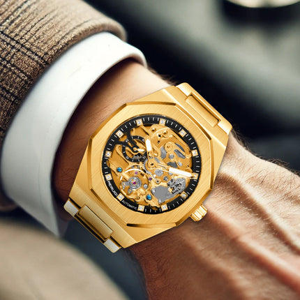 1pc Men'S Yellow & Black Steel Streetwear Rascal Handsome Polygon Automatic Tourbillon