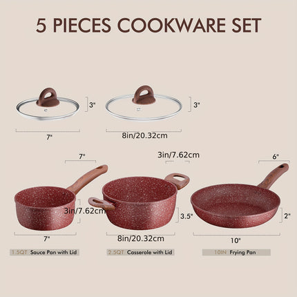 5-Piece Durable Aluminum Cookware with Stay-Cool Handles, 100% PFOA-