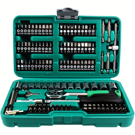 130pcs Tool Set Tool Box, 1/4 Inch Drive Socket Ratchet Wrench Set with Drill Bit Socket Set Metric