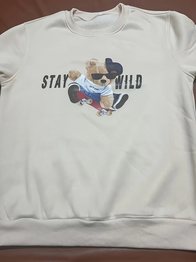 STAY WILD Print Trendy Sweatshirt, Men's Casual Graphic Design Crew Neck Pullover Sweatshirt for Fall Winter