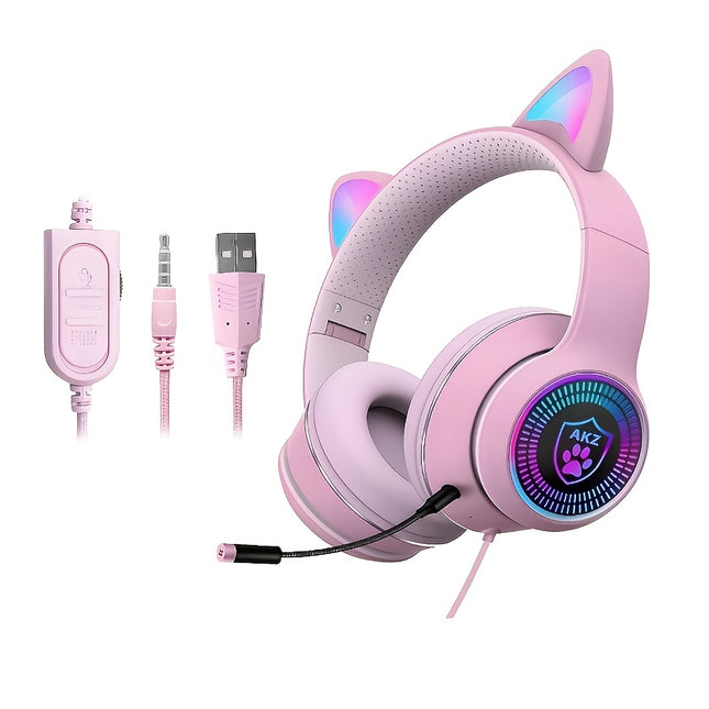 AUX 3.5Mm Cat Ear Gaming Headphones with LED Light, Noise-Cancelling Stereo On-Ear Headphones,