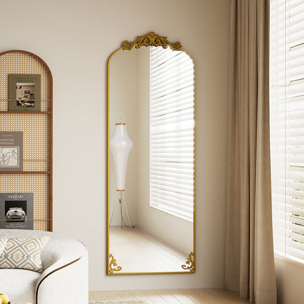 Full Length Mirror, 64"x21" Floor Mirror Freestanding With Carved Metal Frame & Bottom Art Carved,