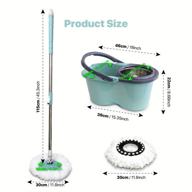 Rotating Mop and Bucket Set with Absorbent Scraper, 360° Rotatable Mop Bucket System, Includes 2 Microfiber Mop Replacement Heads and 45-inch Stainless Steel Adjustable Floor Cleaning Handle, 7.87-inch Diameter Stainless Ste