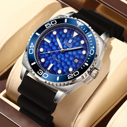Men'S Luxury Automatic Mechanical Watch - Blue Ocean Design with Transparent Hollow Dial,
