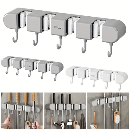 Mop Holder with Hooks - Heavy-Duty ABS Plastic Broom Organizer for Bathroom, Kitchen, Closet