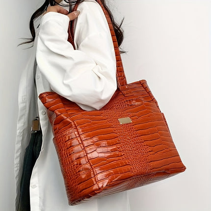 Women's preferred large-capacity tote: elegant, solid-color, crocodile-patterned PU bag with secure zipper