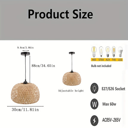 Pendant Light Kitchen Island 11.81 Inch (Approx. 30cm) Bamboo Dining Light Fixture Dome Boho Chandelier