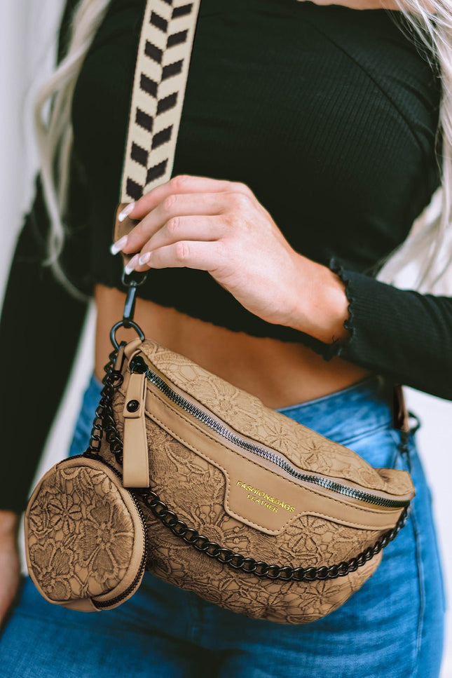 Camel Vintage Floral PU Crossbody Bag with Coin Purse - GARDIWALL