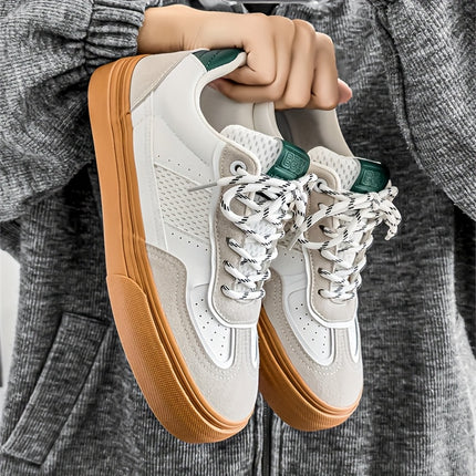 Men'S Retro Low-Top Sneakers - White & Green Accent Lace-Up Shoes with Golden-Tan Sole