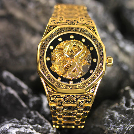 1pc Men'S Yellow Black Steel Strip Retro Style Classic Carved Dragon Pattern