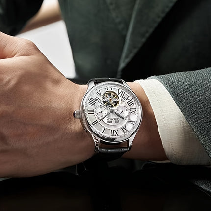 Men'S Automatic Mechanical Watch with Hollow Dial, Roman Numerals, and Calendar Self-Winding