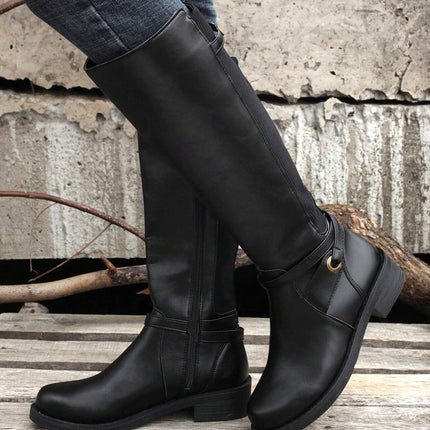 Black Side Zipper Knee High Chunky Low Heel Boots