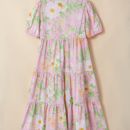 Pink Floral Print Short Puff Sleeve High Waist Tiered Maxi Dress