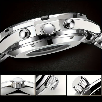 Men'S Luxury Automatic Mechanical Watch - Elegant Steel Band, Multi-Function Sun/Moon/Star Display,