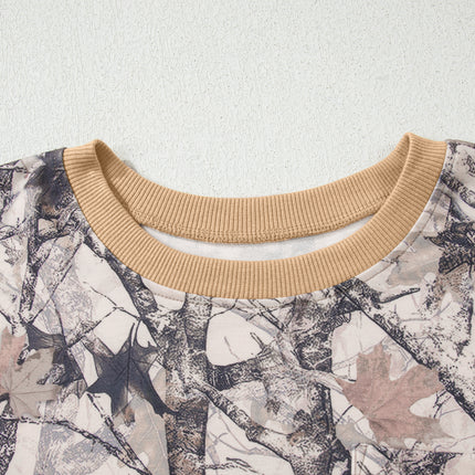 Khaki Woodland Camo Print Long Sleeve Top Casual Short Set