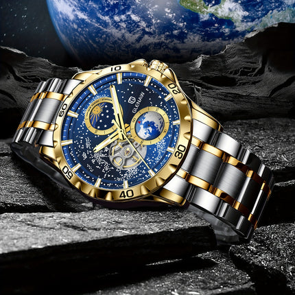 Men's Mechanical Watch Starry Sky Dial Steel Band Stopwatch Sun Moon Star Automatic