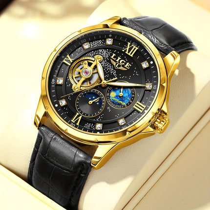 Men'S Luxury Mechanical Watch | Business Style, Mixed Color, Rhinestone Inlay, Transparent Bottom Cover,