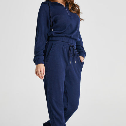 Navy Blue Ribbed Knit Cropped Hoodie and Drawstring Joggers Set