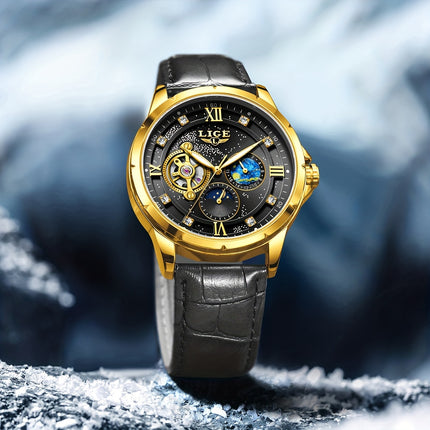 Men'S Luxury Mechanical Watch | Business Style, Mixed Color, Rhinestone Inlay, Transparent Bottom Cover,