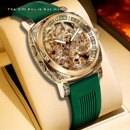 1pc Men's Vintage Roman Numeral Automatic Mechanical Watch - Green Strap