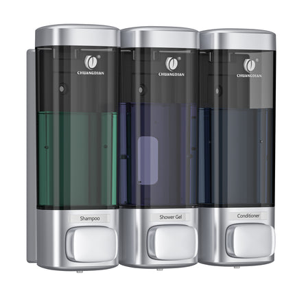 A Soap Dispenser With Three Heads, Made Of Silvery With A Golden Finish.