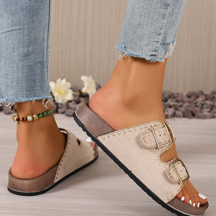 Beige Embroidered Trim Retro Buckle Faux Suede Slippers