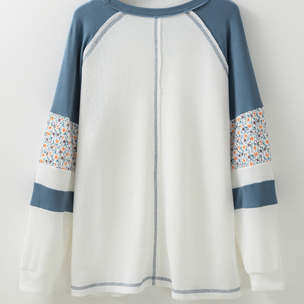 White Floral Patchwork Waffle Knit Raglan Top