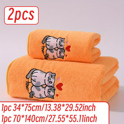 2pcs Cartoon Cat Embroidery Towel Set, Super Absorbent Coral Fleece, Soft & Comfortable