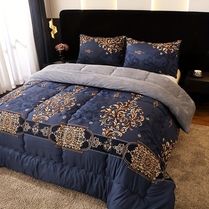 1pc Luxury Fleece Bedspread - Deep Navy Blue & Golden Floral Print, All-Season Soft Warmth