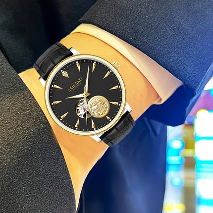 Men'S Sailing Hollow Mechanical Watch with Moon Phase & Calendar - Elegant Black Dial, Golden-Tone Accents