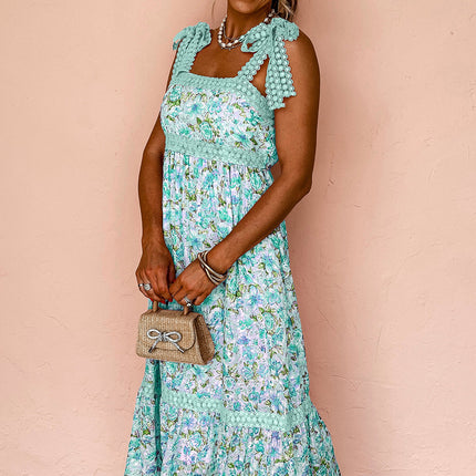 Green Floral Lace Tied Strap Empire Waist Maxi Dress