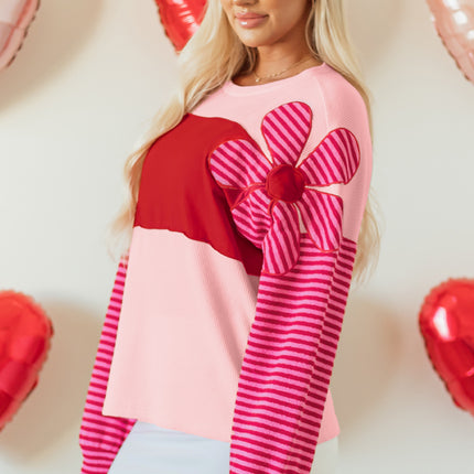 Pink Floral Patch Color Block Striped Sleeve Textured Top