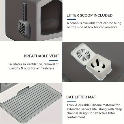 Silicone & PP Large Enclosed Cat Litter Box with PAD and Shovel, Odorless Splash-Proof Cover, Easy No-Install Design for Cats