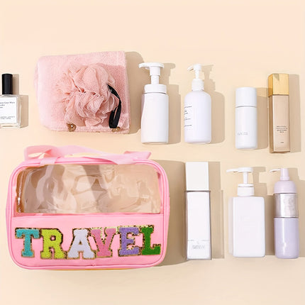 Light Pink TRAVEL Chenille Letter Clear PVC Makeup Bag