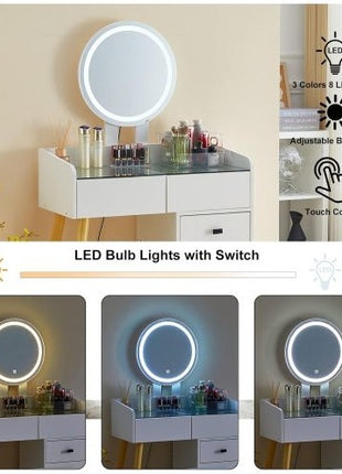 Dressing Table With LED Lights Glass Top Dressing Table With Extendable Side Table 5 Drawers Dressing Table With Mirror And Stool For Bedroom