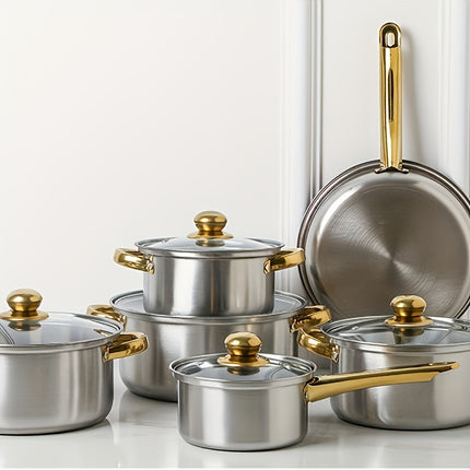 12pcs Stainless Steel Cookware Set, (6 Pots + 6 Lids) Kitchen Cooking Set With Golden Handles,